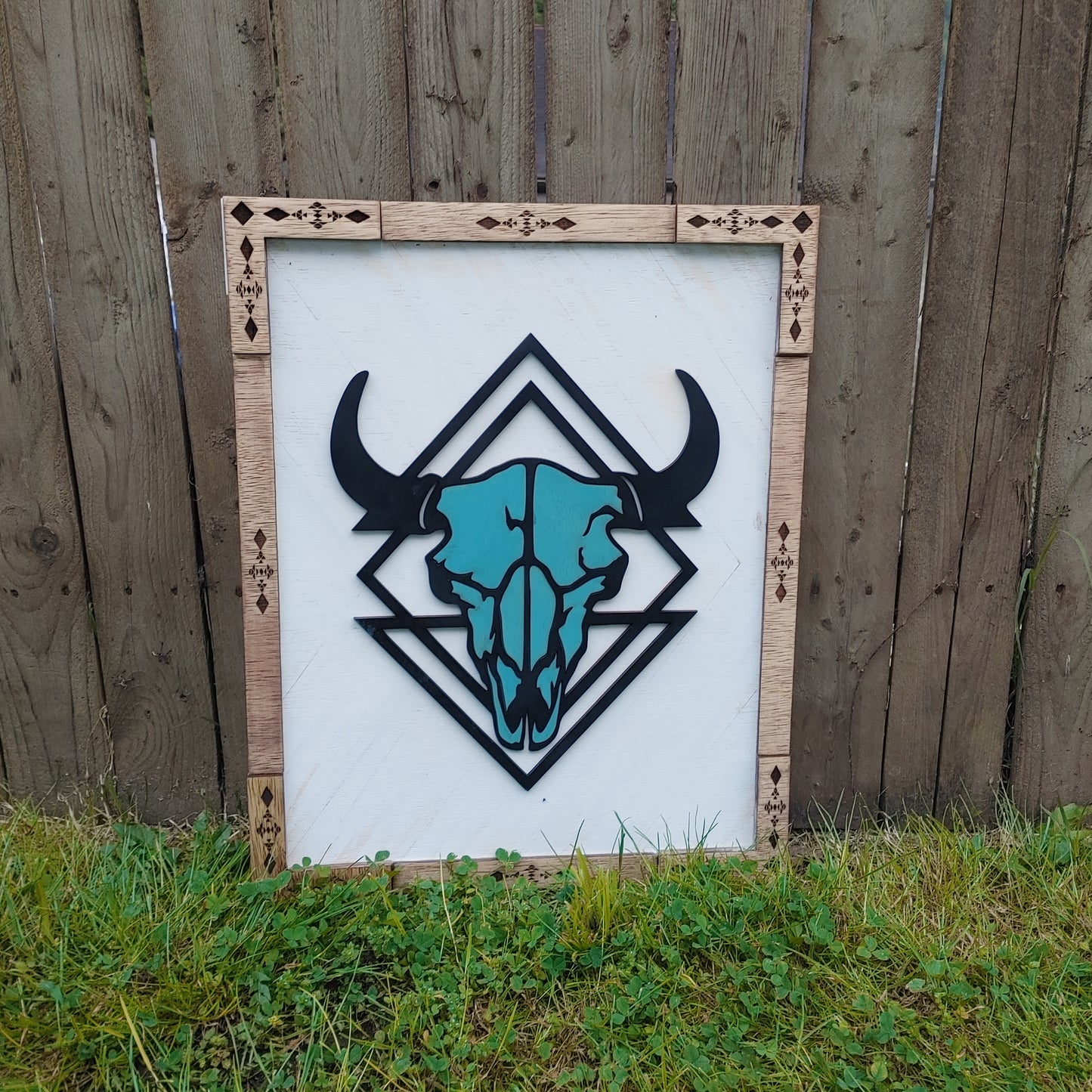 Aztec Framed Cow Skull Sign