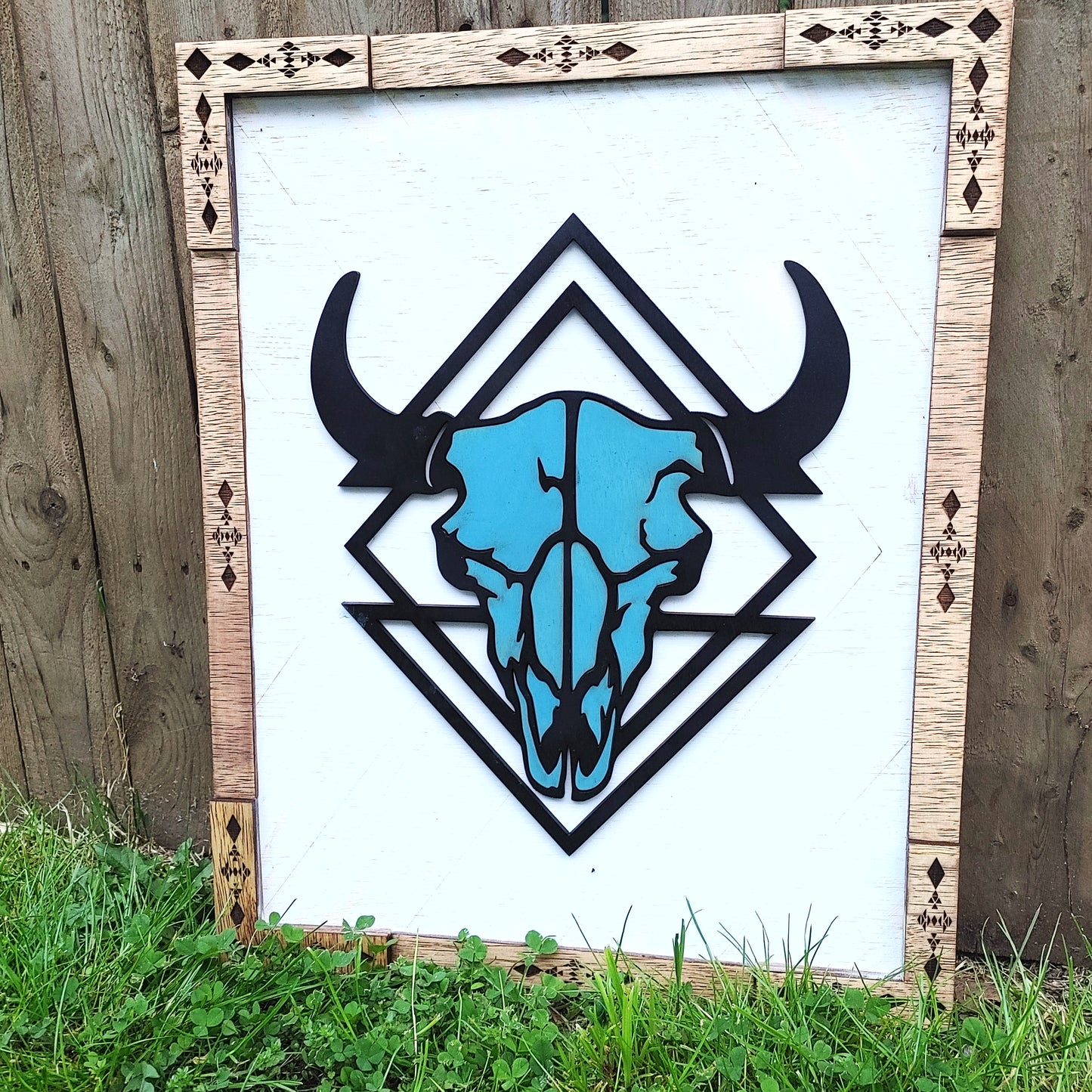 Aztec Framed Cow Skull Sign