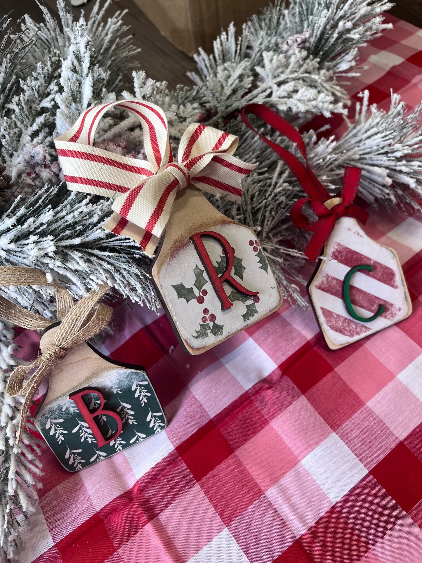 PERSONALIZED PATTERNED INITIAL COW TAG ORNAMENT