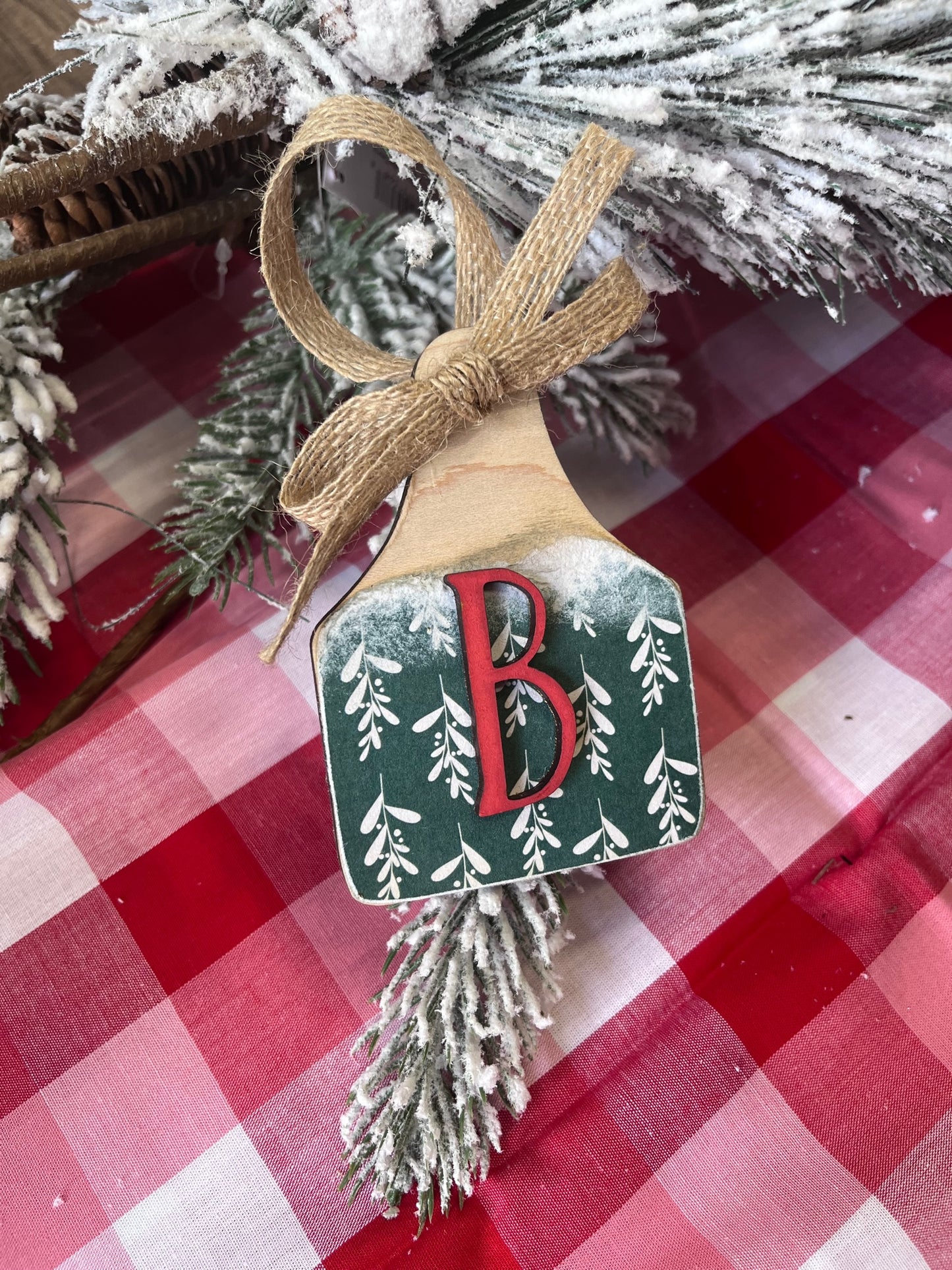 PERSONALIZED PATTERNED INITIAL COW TAG ORNAMENT