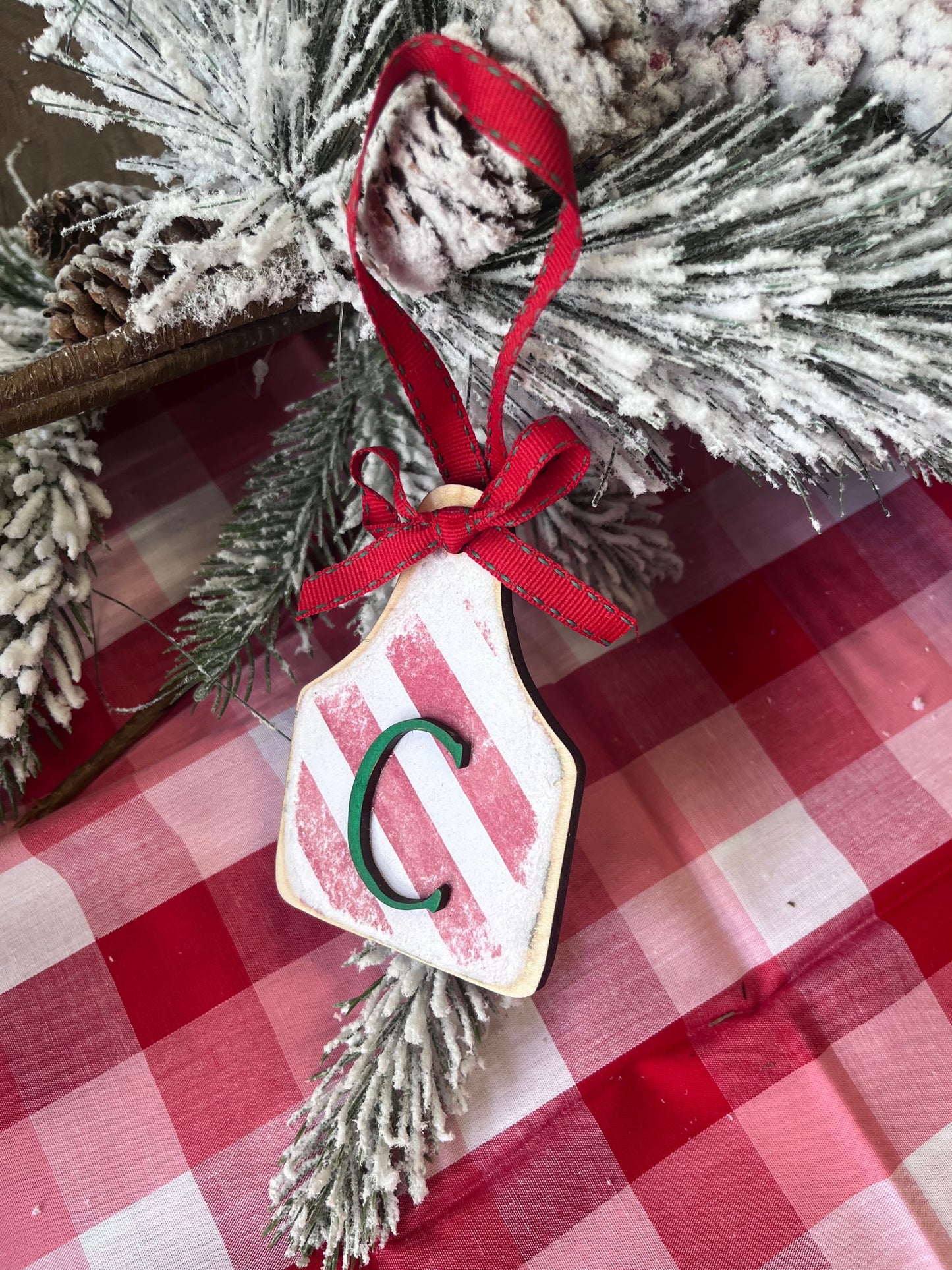 PERSONALIZED PATTERNED INITIAL COW TAG ORNAMENT