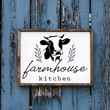 farmhouse kitchen with cow sign