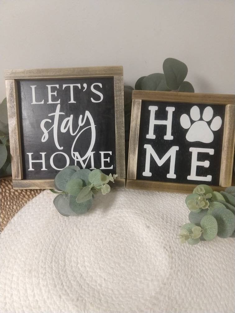 8x8&quot; let&#39;s stay home-wood sign-small wood sign-framed farmhouse sign-living room decor-modern farmhouse decor -framed small wood sign
