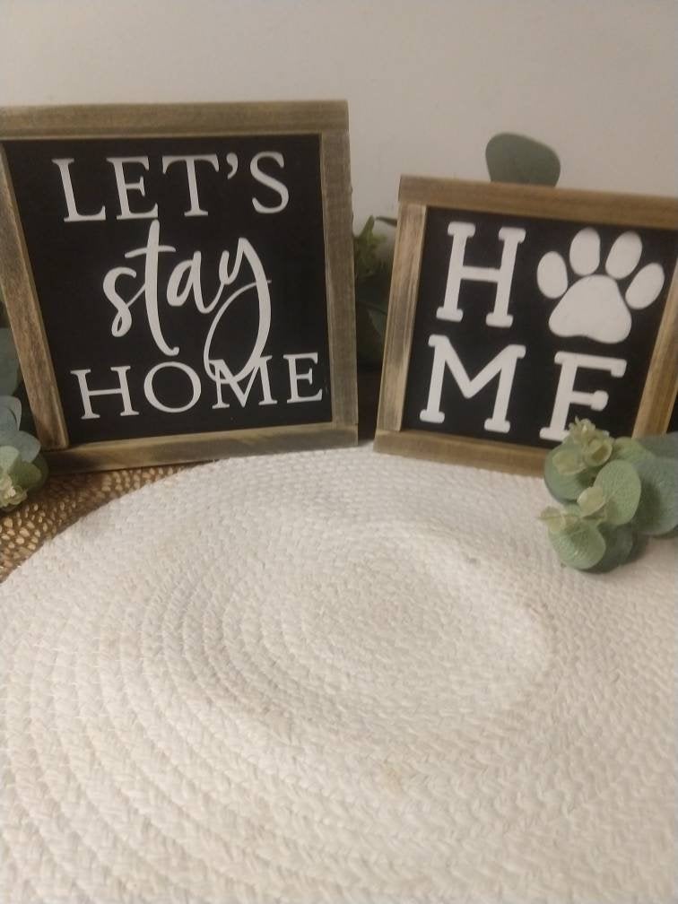 8x8&quot; let&#39;s stay home-wood sign-small wood sign-framed farmhouse sign-living room decor-modern farmhouse decor -framed small wood sign